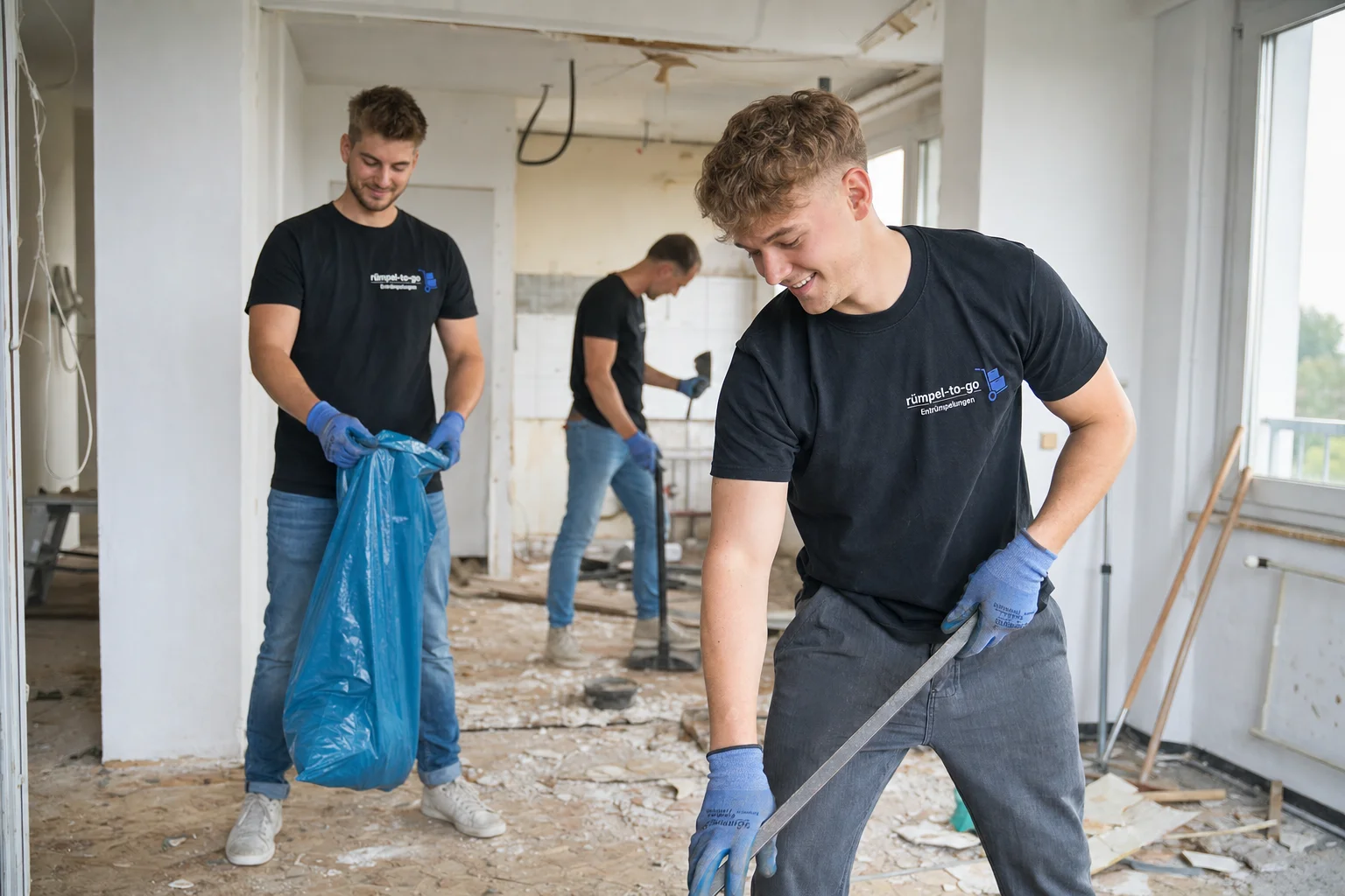 rümpel-to-go Team im entkernten Raum mit Bauschutt – Entkernung