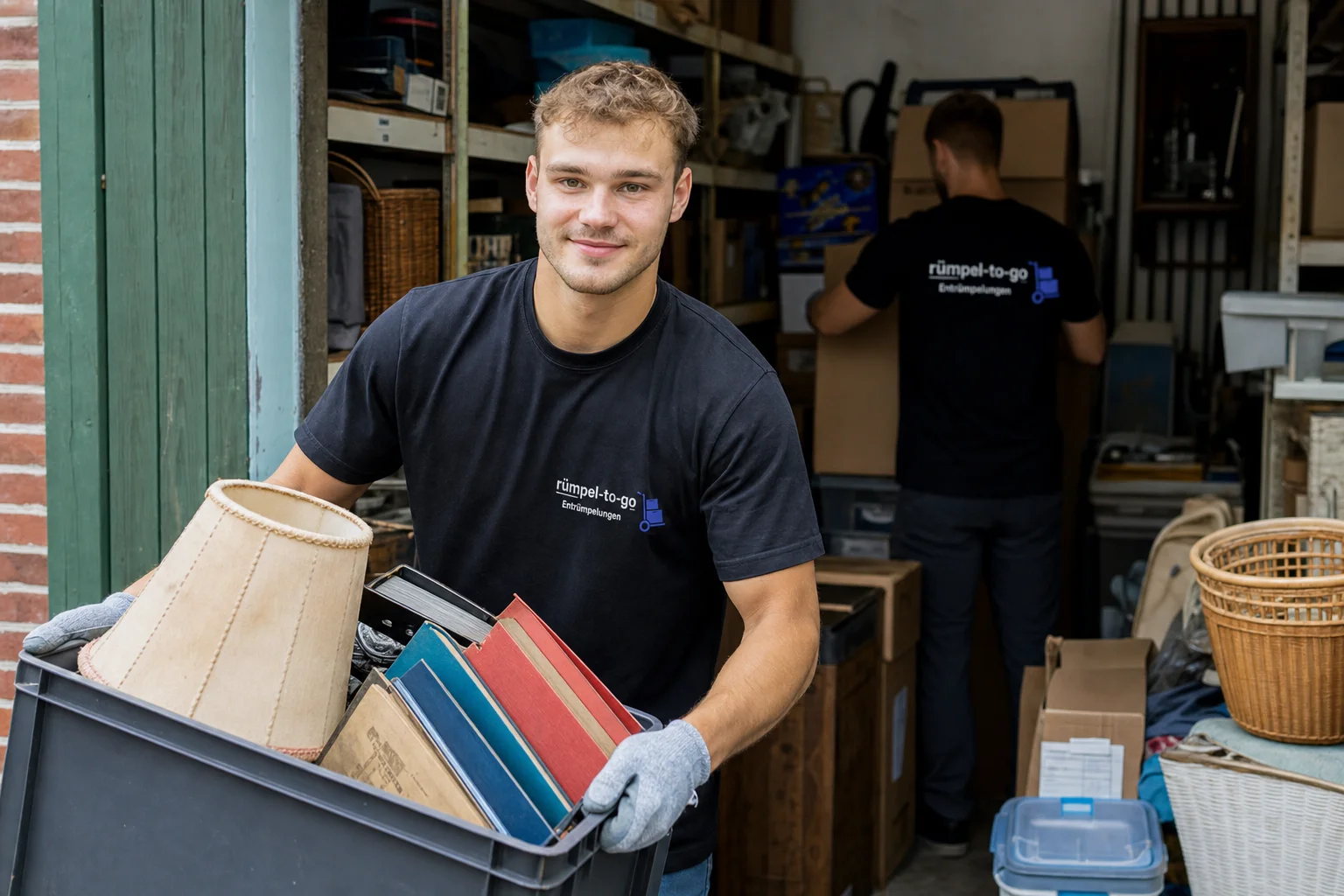 rümpel-to-go Mitarbeiter mit einer Kiste voller Bücher und einer Lampe im Lager – Haushaltsauflösung
