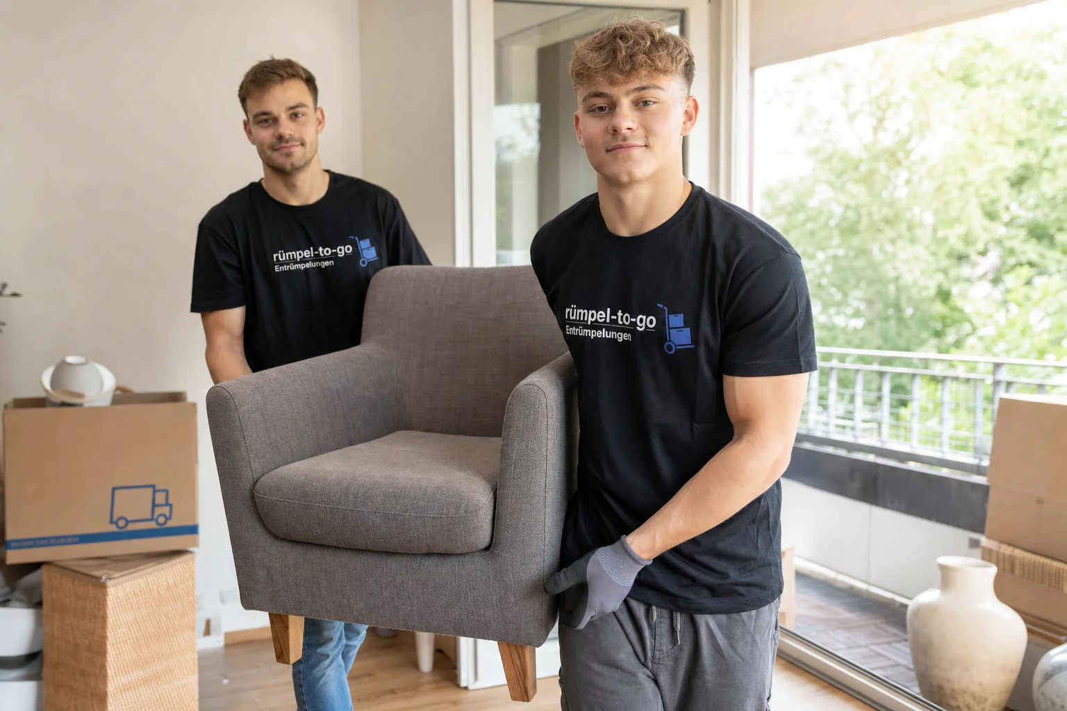 Zwei rümpel-to-go Mitarbeiter tragen einen grauen Sessel aus einer hellen Wohnung – Entrümpelung in Stuttgart